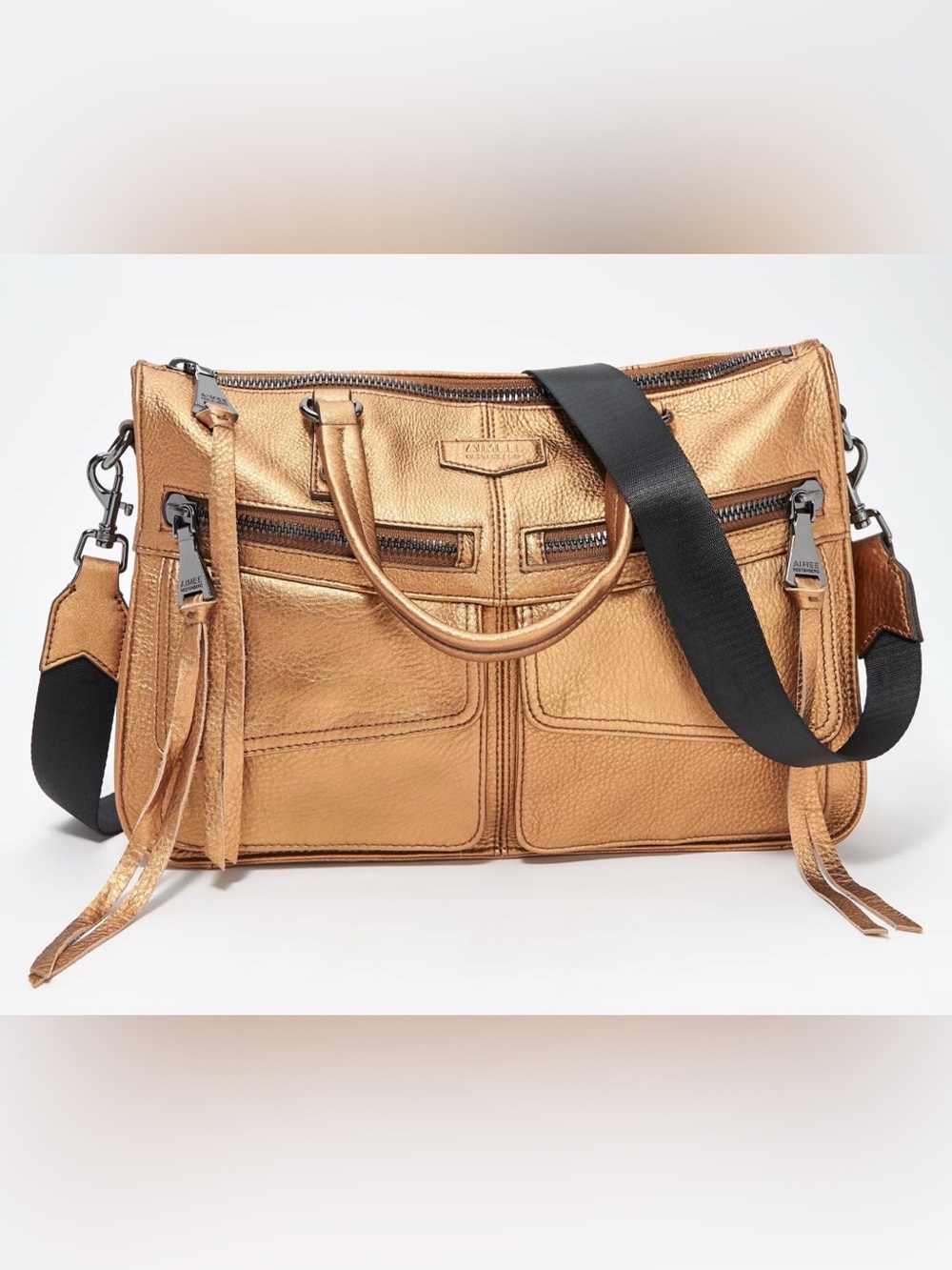 Aimee Kestenberg Pebble Leather Road Trip Satchel in a metallic gold finish